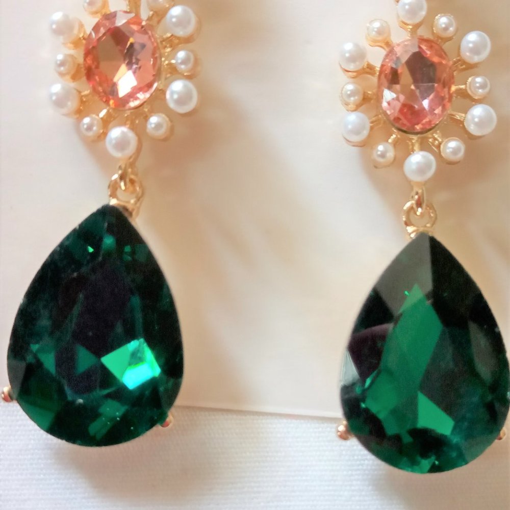 Long Drop Earrings Multi-Color Rhinestones Pierced - Picture 3 of 7
